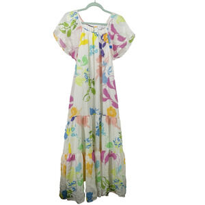 Tanya Taylor Size 2 Silk Midi Dress Pastel Floral Puff Sleeve Tiered Ruffle XS
